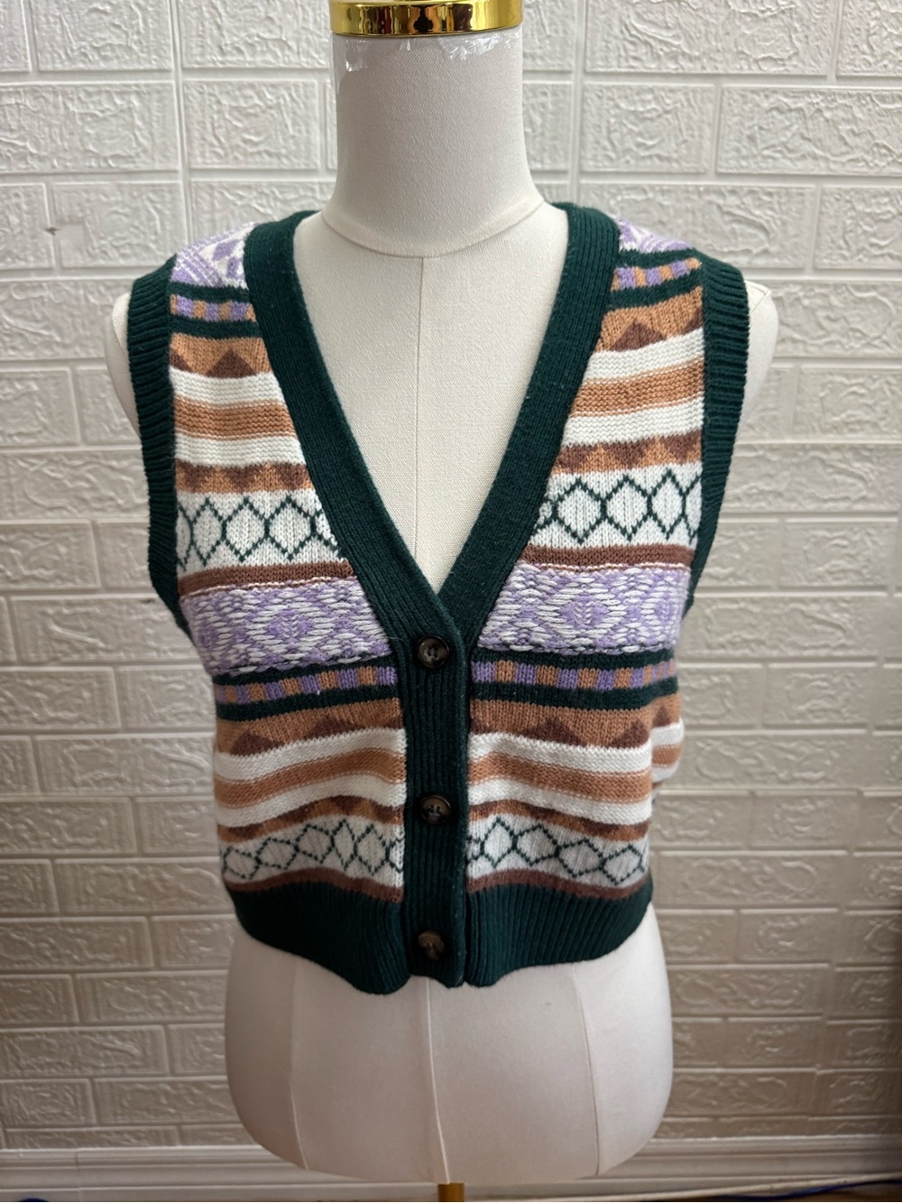 RSQ Tilly’s V-Neck Button Front Sweater Vest in Green, Brown, White, Lavender